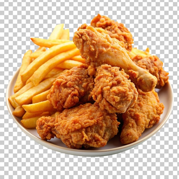 delicious fried chicken with french fries isolated on transparent background