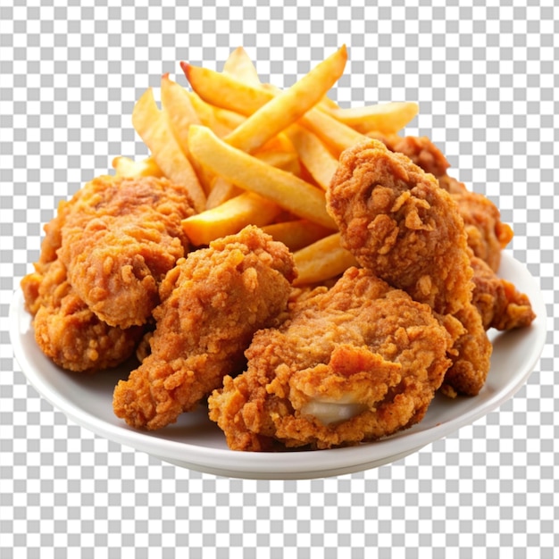 delicious fried chicken with french fries isolated on transparent background