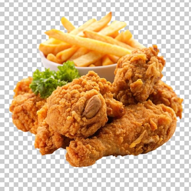 delicious fried chicken with french fries isolated on transparent background