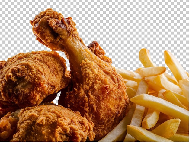 Delicious fried chicken with french fries isolated on transparent background