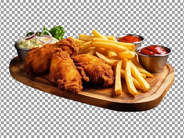 Delicious fried chicken with French fries isolated on transparent background