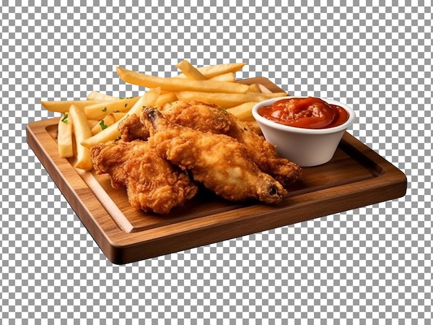 Delicious fried chicken with French fries isolated on transparent background