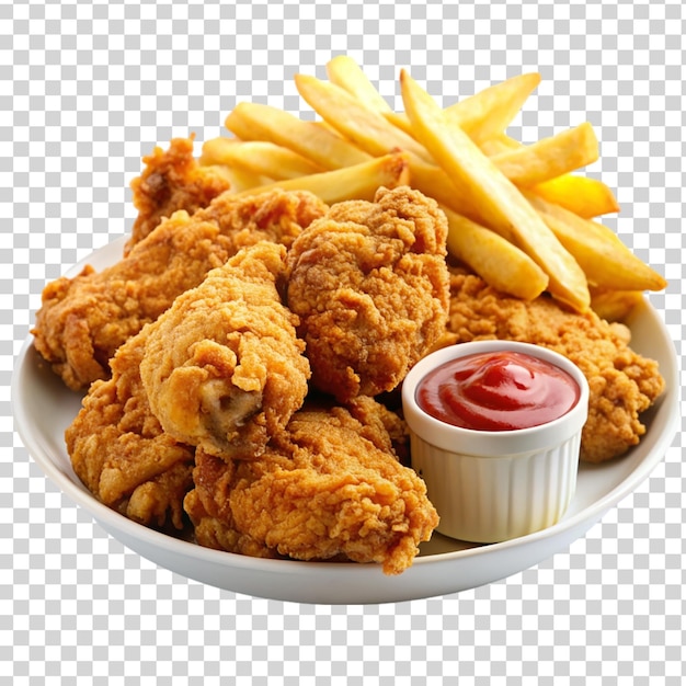 Delicious fried chicken with french fries isolated on transparent background