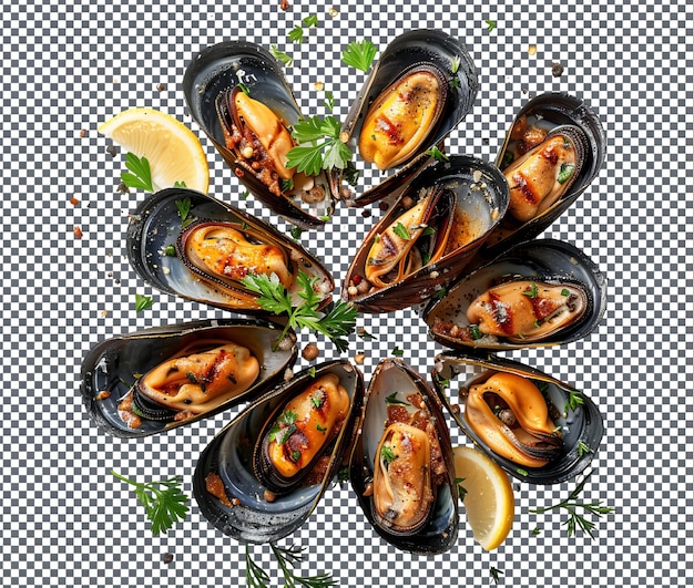 PSD delicious grilled mussels isolated on transparent background