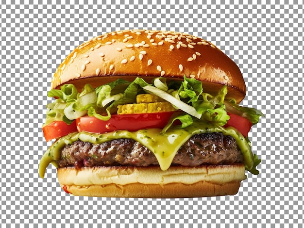 Delicious guacamole burger isolated on transparent background