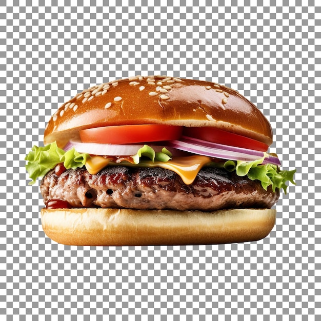 Delicious hamburger with cheese onions tomato and beef on transparent background