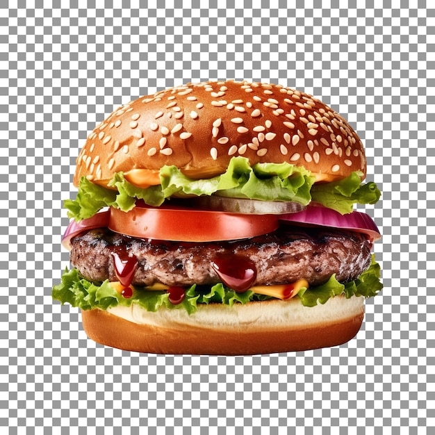 Delicious hamburger with cheese onions tomato and beef on transparent background