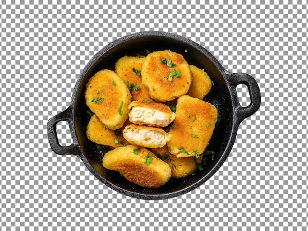 Delicious homemade chicken nuggets in a pan top view with transparent background