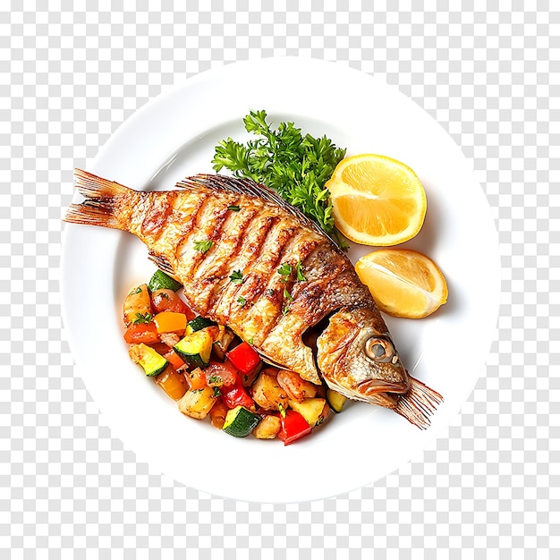 Delicious hot fried fish with a mix of vegetables isolated on a clean transparent background