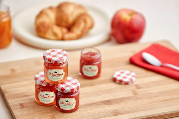 Delicious jam in glass jar with label