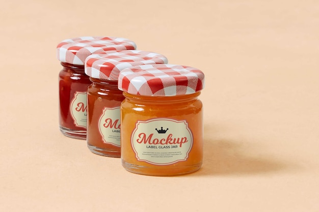 Delicious jam in glass jar with label