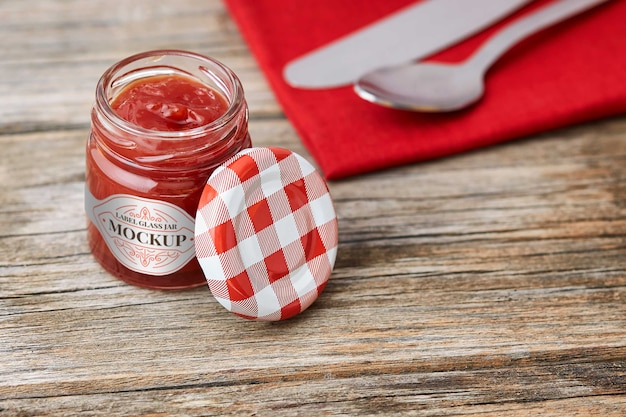 Delicious jam in glass jar with label