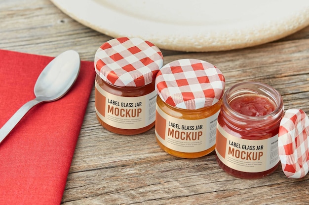 Delicious jam in glass jar with label