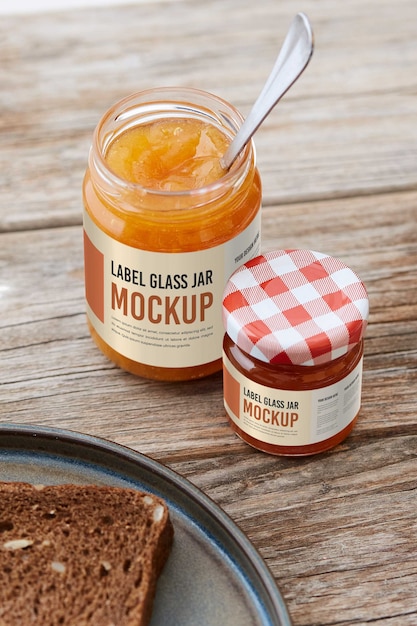 Delicious jam in glass jar with label