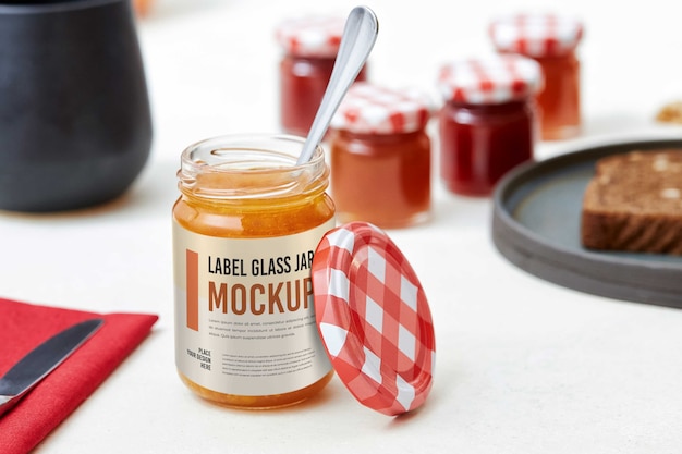 Delicious jam in glass jar with label