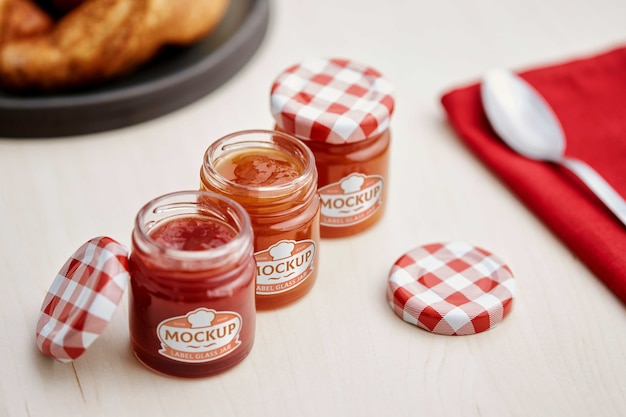 Delicious jam in glass jar with label