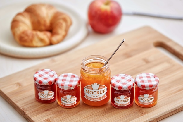 Delicious jam in glass jar with label