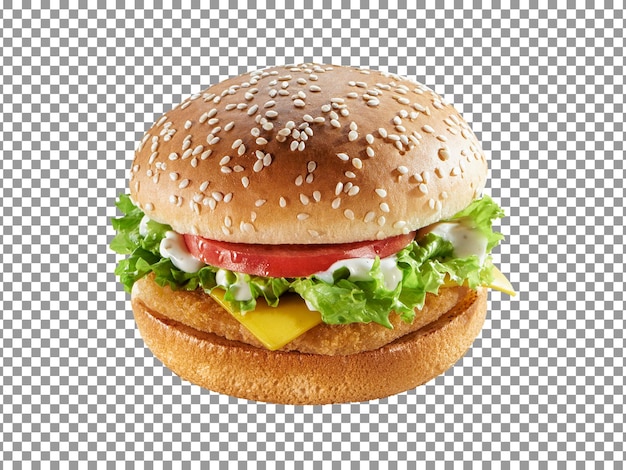 Delicious juicy fish fillet hamburger isolated on transparent background