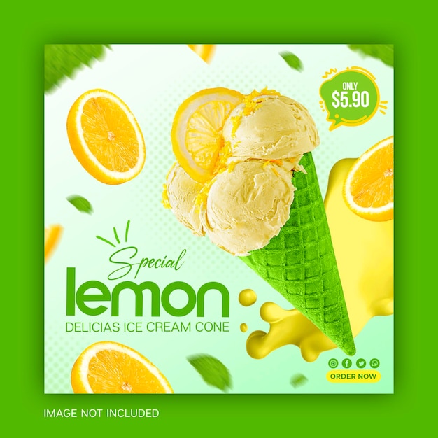 PSD delicious lemon ice cream cone social media banner instagram post design template