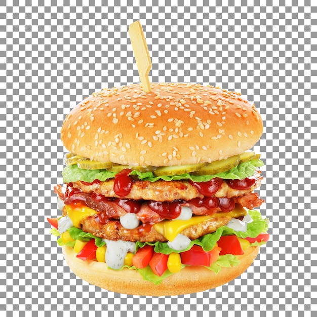 Delicious loaded burger with fried chicken isolated on transparent background