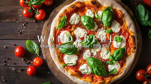 PSD delicious margherita pizza on wooden background