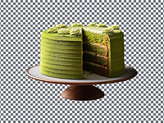 Delicious matcha green tea cake with a slice cut out isolated on transparent background