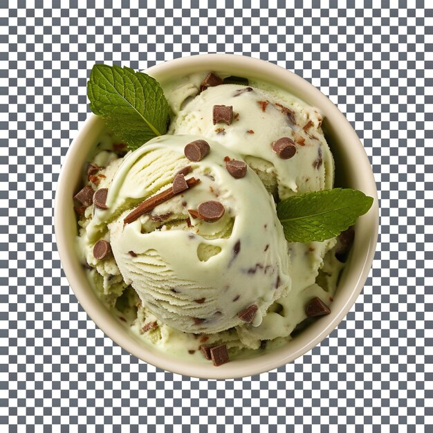 PSD delicious mint and chocolate chip ice cream in a bowl against a transparent background