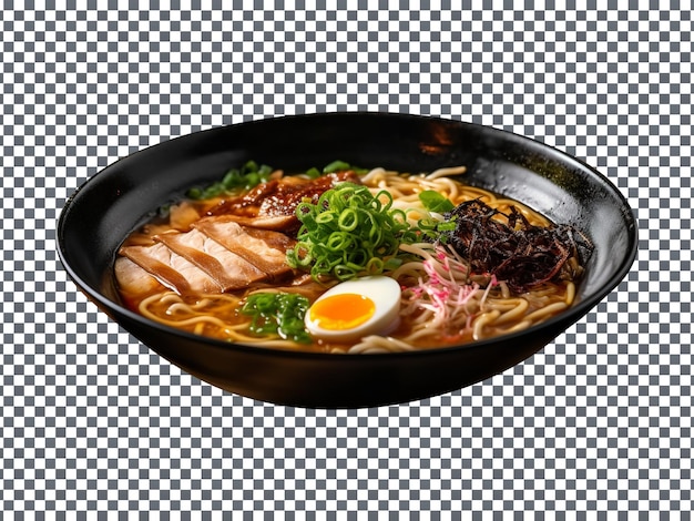 Delicious miso ramen soup with meat and green leaves on transparent background