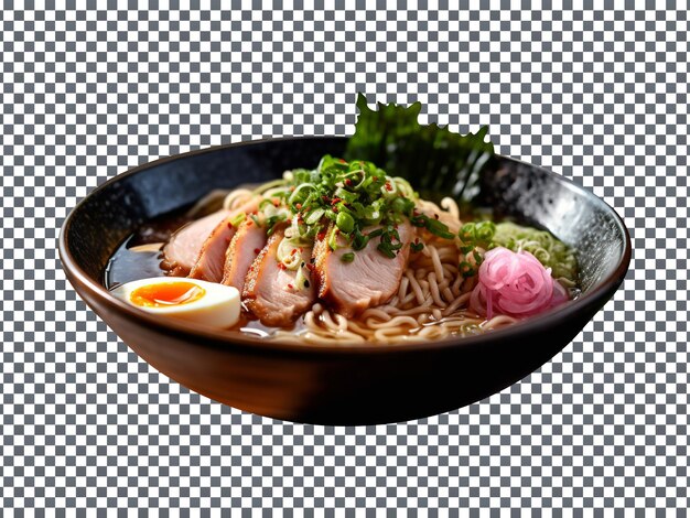 PSD delicious miso ramen soup with meat and green leaves on transparent background