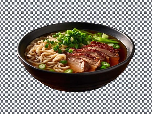 Delicious miso ramen soup with meat and green leaves on transparent background