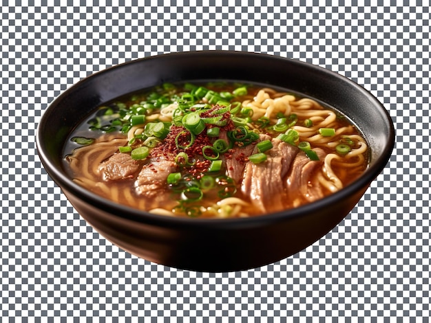 Delicious miso ramen soup with meat and green leaves on transparent background