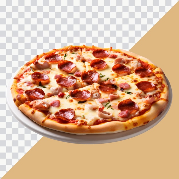 Delicious mixture Pizza on wooden board view