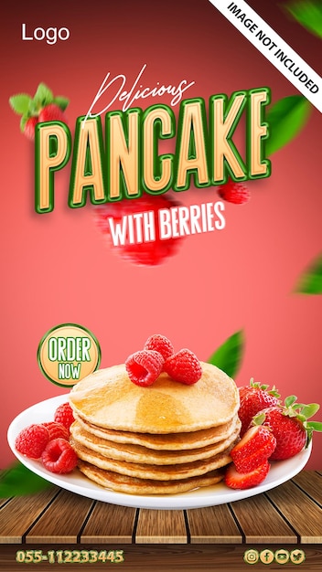 Delicious pancake with berries social media story design template