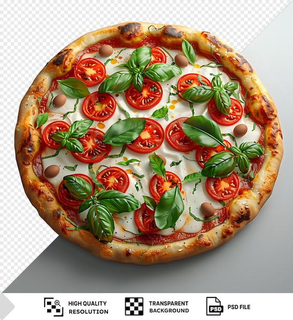 PSD a delicious pizza with tomato and basil toppings on a transparent background