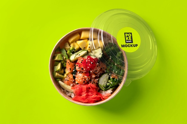 Delicious poke bowl mockup above view