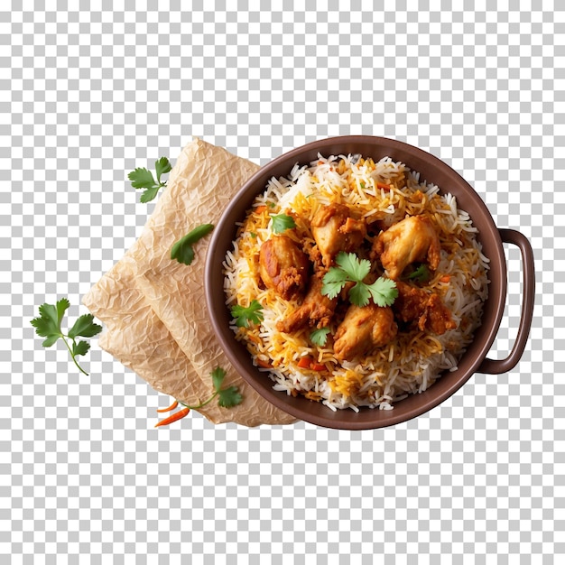 PSD delicious recipe of basmati rice biryani with roasted chicken isolated on a transparent background