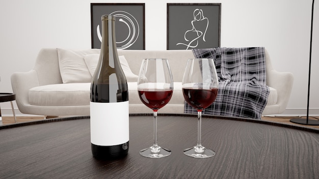 Delicious red wine in a modern living room mockup