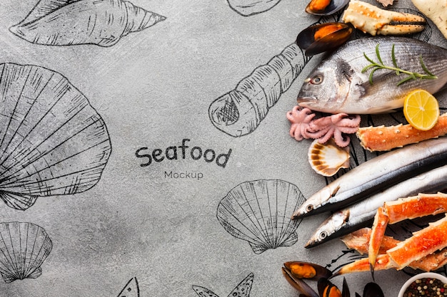 Delicious sea food arrangement with mock-up