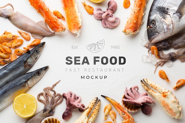 Delicious sea food assortment with mock-up