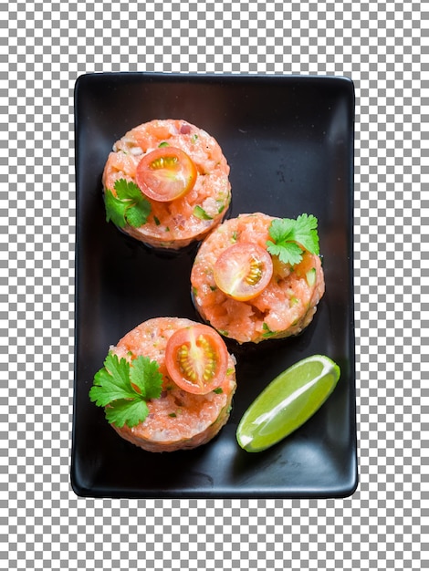 Delicious and soute salmon tartare with on tray with transparent background