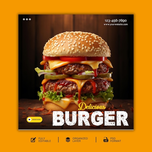 PSD delicious special burger food social media post design template