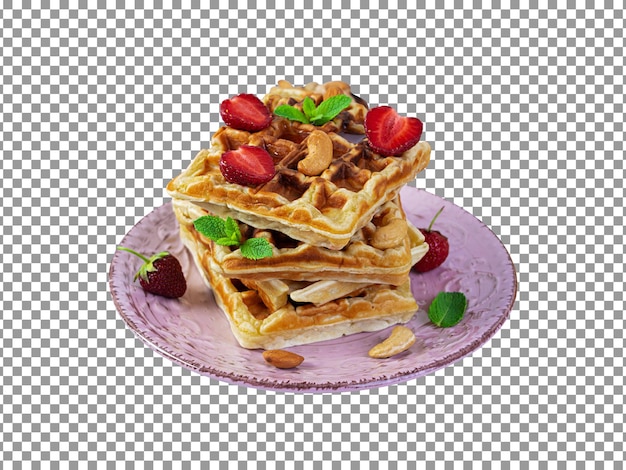 Delicious stack of waffles with strawberries and almonds on plate with transparent background