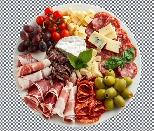 PSD delicious talian antipasto platter with assorted meats and chee isolated on transparent background