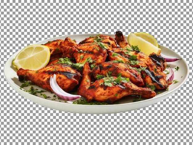 Delicious tandoori chicken plate with vegetable and lime slices on transparent background