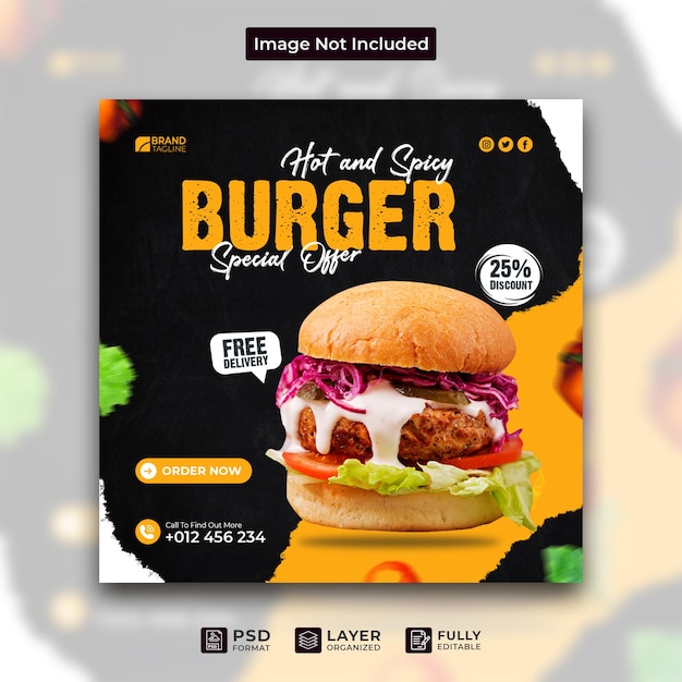 Delicious tasty burger and restaurant fast food menu social media promotion square banner template