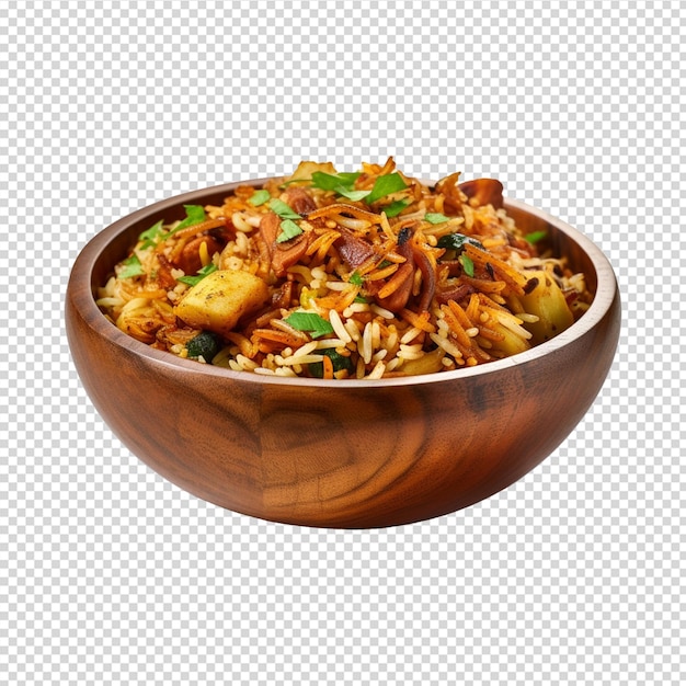 delicious vegetable biryani in a bowl on white