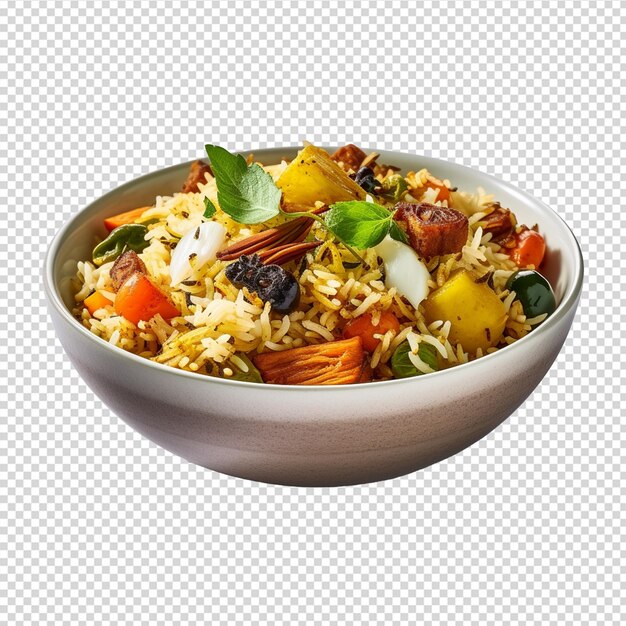 delicious vegetable biryani in a bowl on white