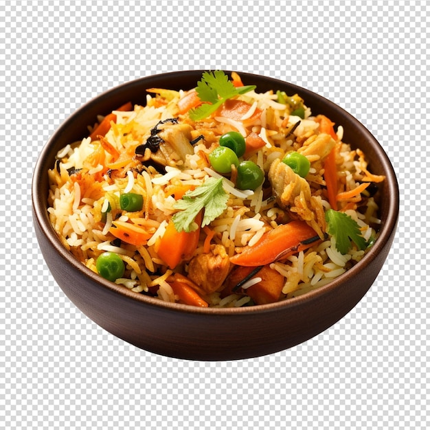 delicious vegetable biryani in a bowl on white