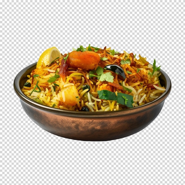 delicious vegetable biryani in a bowl on white