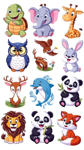 PSD a delightful set of six comic style cartoon animal stickers